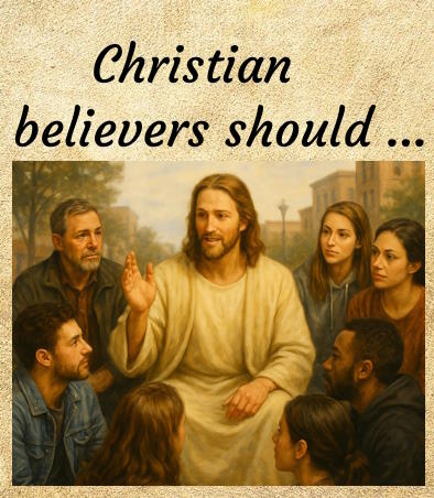 Image of Jesus teaching a group of modern people with the words 'Christian Believers Should...' written above