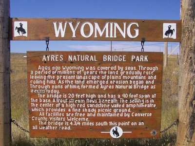 Entrance sign for Wyoming's Aryres Natural Bridge