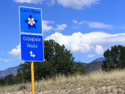 Entrance sign for Collegiate Peaks Scenic Byway Colorado