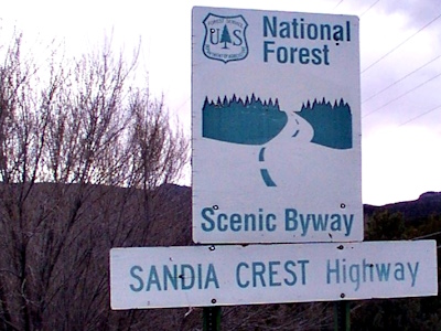 Entrance sign for Sandia Crest National Scenic Byway