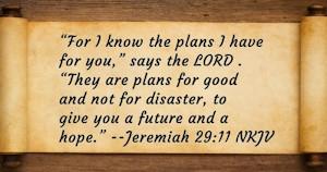 “For I know the plans I have for you,” says the LORD . “They are plans for good and not for disaster, to give you a future and a hope.” --Jeremiah 29:11 NKJV