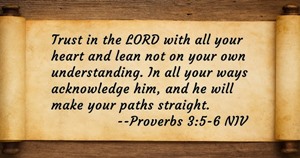 Trust in the LORD with all your heart and lean not on your own understanding. In all your ways acknowledge him, and he will make your paths straight. Proverbs 3:5-6 NIV